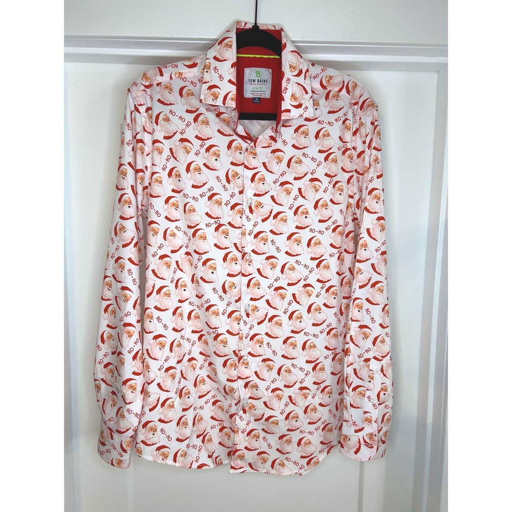 Tom Baine Mens Santa Claus Holiday Performance Shirt Slim Fit Medium 15" Neck